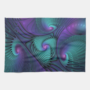 Paño De Cocina Arte fractal abstracto moderno de púrpura y turque