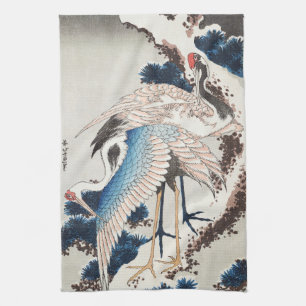 Paño De Cocina Arte japonés de Hokusai Dos grullas pino nevado