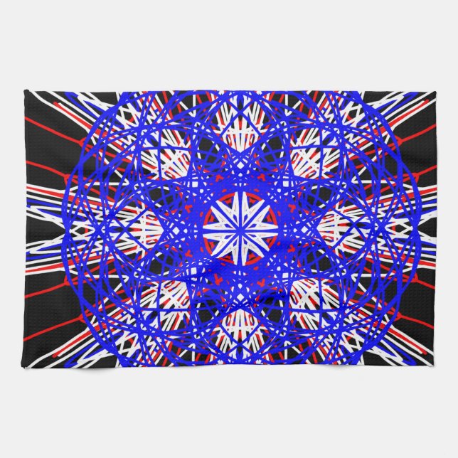 Paño De Cocina arte kaleidoscope mandala azul rojo negro (Horizontal)