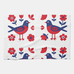 Paño De Cocina Arte popular patrón floral pájaro rojo azul