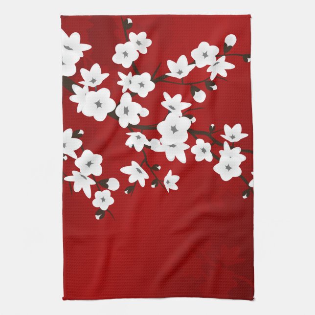 Paño De Cocina Asia Floral White Cherry Blossom Red (Vertical)