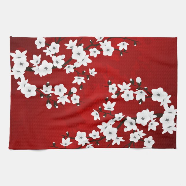 Paño De Cocina Asia Floral White Cherry Blossom Red (Horizontal)