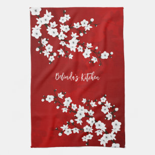 Paño De Cocina Asia Floral White Red Cherry Blossom Añadir nombr