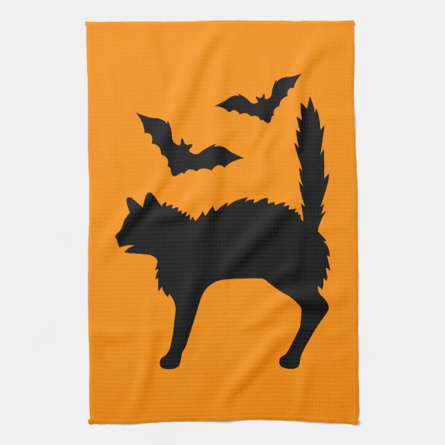 Paño De Cocina Asombrado Naranja De Gato De Halloween Y Bats Silh (Vertical)