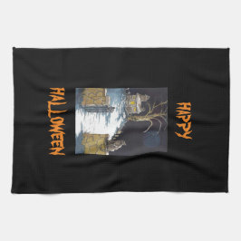 Paño De Cocina Asustado gato de la casa de Halloween