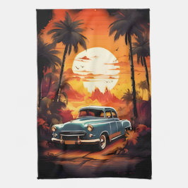 Paño De Cocina Atardecer de coches de época: regalo para los aman