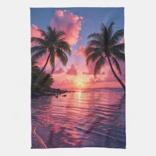 Paño De Cocina Atardecer de Palma Tropical Rosa Océano Playa