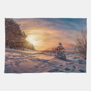 Paño De Cocina Atardecer sobre la nevada costa del mar de inviern