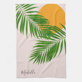 Paño De Cocina Atardecer Tropical Retro Hojas de Palma Minimalist