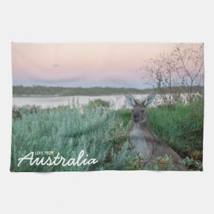 Paño De Cocina Australia Sunset Landscape Kangaroo y cielo rosa