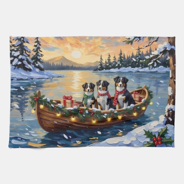 Paño De Cocina Australian Shepherd Christmas Boat Holiday (Horizontal)