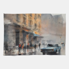 Paño De Cocina Auto azul vintage en el paisaje de la niebla