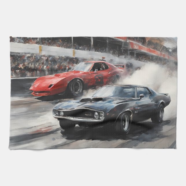 Paño De Cocina Automóviles de Músculo Rojo y Negro (Horizontal)