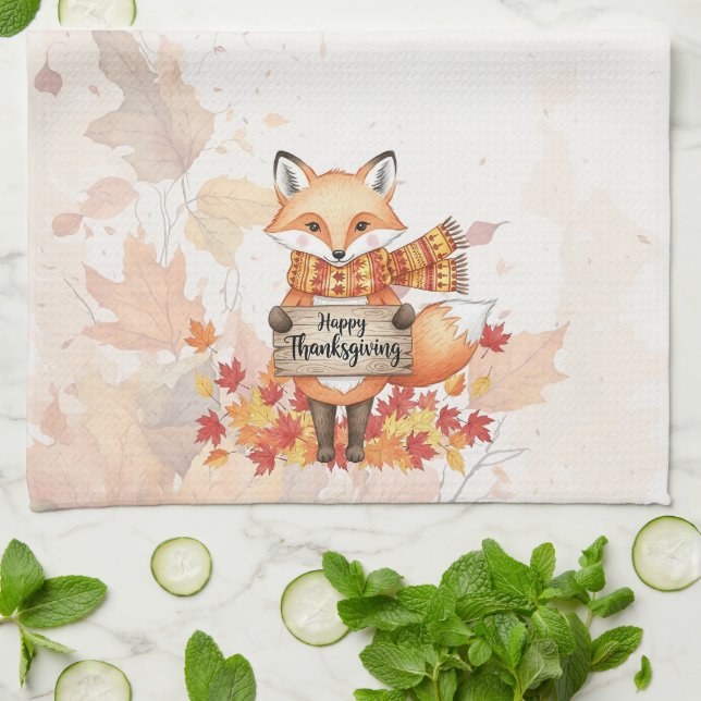 Paño De Cocina Autumn Whimsy – Thanksgiving Fox with Fall Leaves  (Doblado)