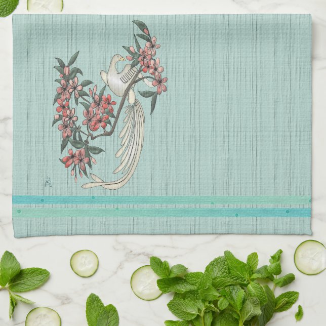Paño De Cocina Ave blanca - Aqua con flores de cerezo (Doblado)