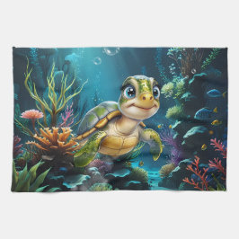 Paño De Cocina Aventuras submarinas con la alegre tortuga.