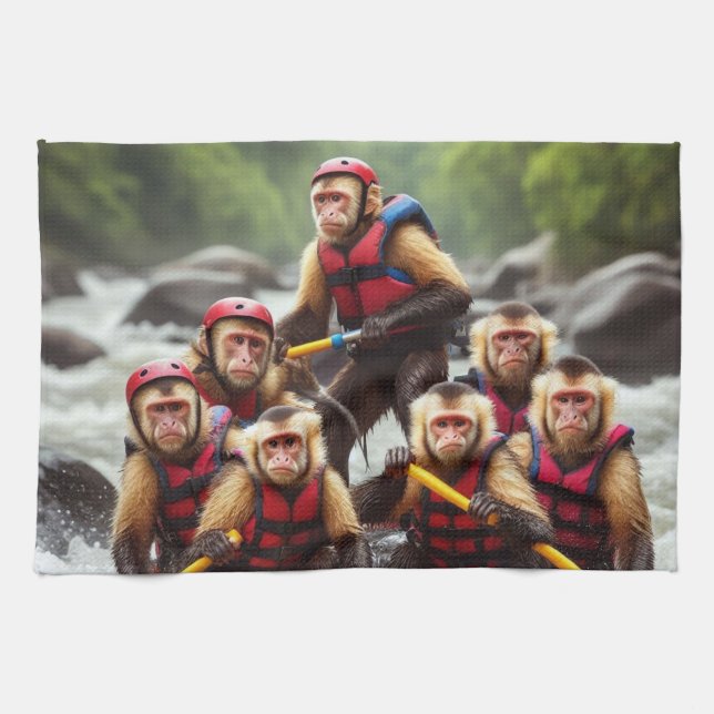 Paño De Cocina Aventurous Capuchin Monkeys Whitewater Rafting (Horizontal)