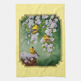 Paño De Cocina Aves de Goldfinch y flores de Apple amarillo