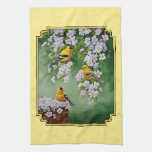 Paño De Cocina Aves de Goldfinch y flores de Apple amarillo