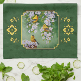 Paño De Cocina Aves de Goldfinch y flores verdes