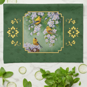 Paño De Cocina Aves de Goldfinch y flores verdes