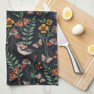 Paño De Cocina Aves de jardín oscuro y mariposas