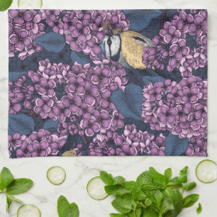 Paño De Cocina Aves en un jardín lila violeta