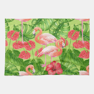Paño De Cocina Aves flamencas y plantas tropicales