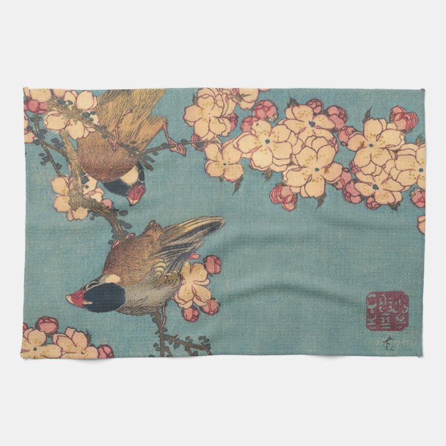 Paño De Cocina Aves flores Hokusai Arte Japonés (Horizontal)