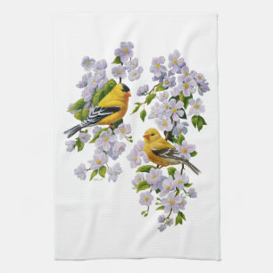 Paño De Cocina Aves Goldfinch y flores color de fondo de selecció