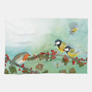 Paño De Cocina Aves grandes, Robin Rojo y Berries Hawthorn