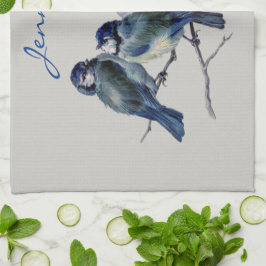 Paño De Cocina Aves Gris Azules Elegante Nombre Personalizado de