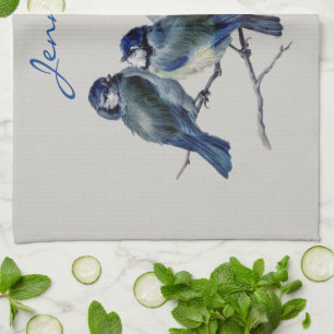Paño De Cocina Aves Gris Azules Elegante Nombre Personalizado de 
