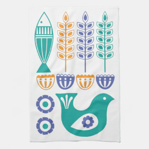Paño De Cocina Aves, peces y flores escandinavos