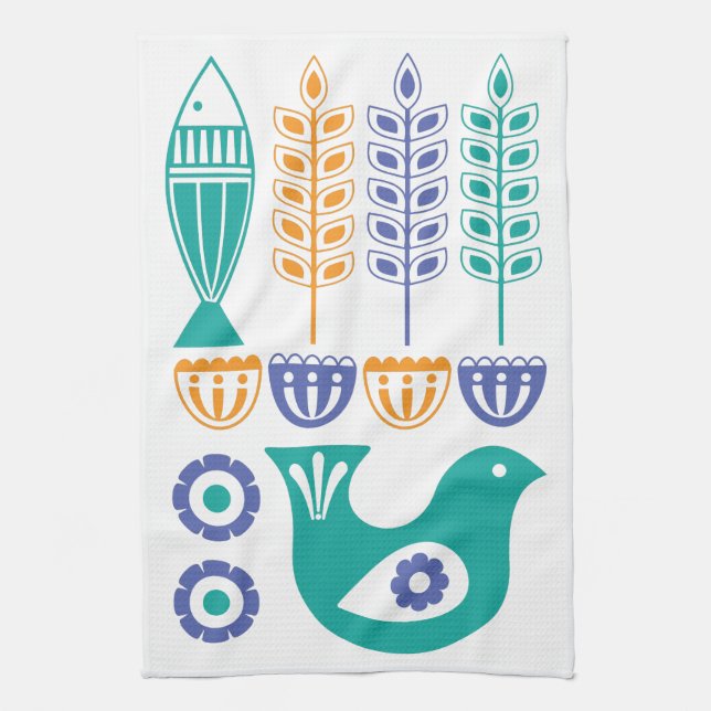 Paño De Cocina Aves, peces y flores escandinavos (Vertical)