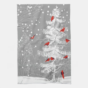 Paño De Cocina Aves rojas, Navidades blancos