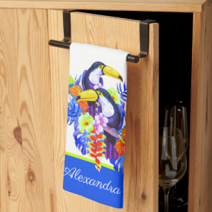 Paño De Cocina Aves tropicales Verde azuladas amarillas