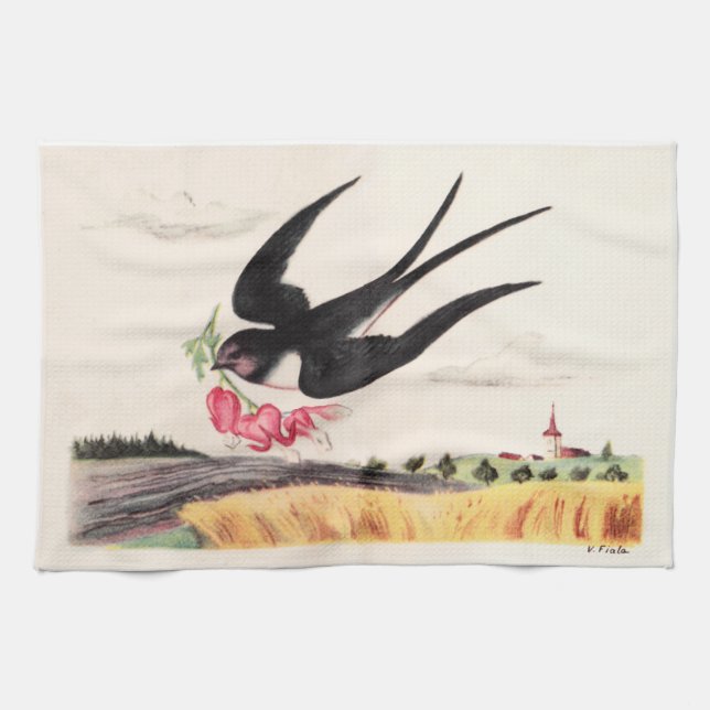 Paño De Cocina Aves Voladoras Con Flores (Horizontal)