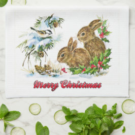 Paño De Cocina Aves y conejos disfrutan de la nieve Feliz Navidad