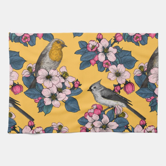 Paño De Cocina Aves y flores en amarillo (Horizontal)