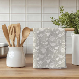 Paño De Cocina Aves y flores Tan y Crema