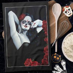 Paño De Cocina Azúcar Skull Roses Rojas Negro