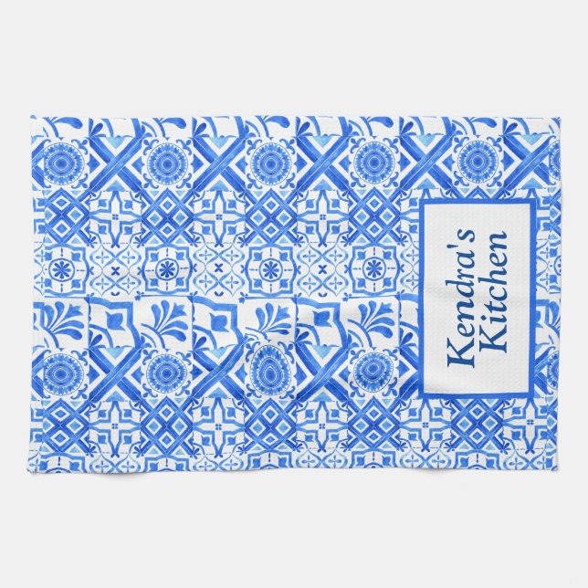 Paño De Cocina Azul azul y azul Azulejo azul patrón azul español (Horizontal)