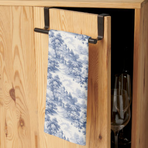Paño De Cocina Azul Blanco Toile Floral País Francés 
