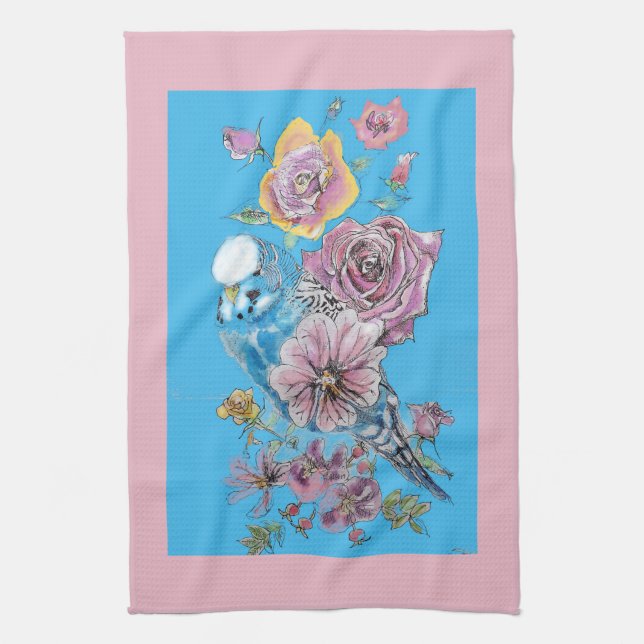 Paño De Cocina Azul Bugie Cute Whimsical Rosa Azul floral (Vertical)
