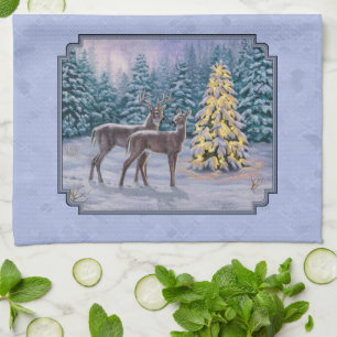 Paño De Cocina Azul invernal de ciervo y árbol de Navidad