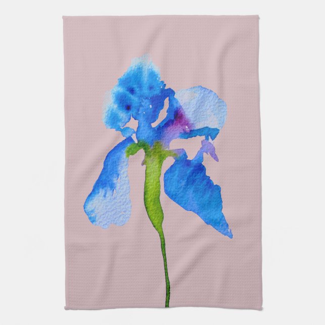 Paño De Cocina Azul Iris arte moderno de acuarela floral (Vertical)