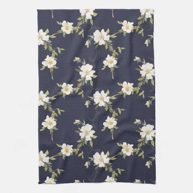 Paño De Cocina Azul Marino Blanco Floral (Vertical)