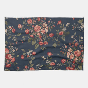 Paño De Cocina Azul Marino Oscuro Rojo Salvia Cottage Floral