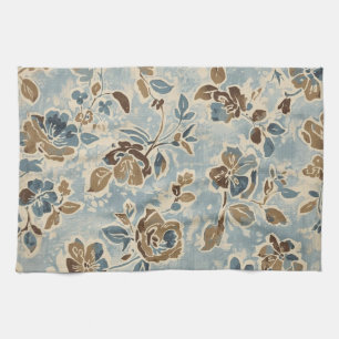 Paño De Cocina Azul Marrón Beige Floral Rústico